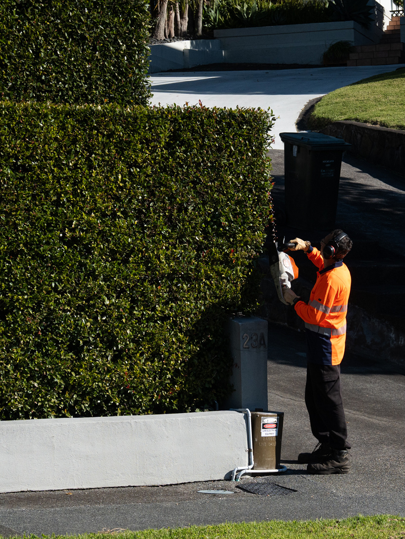 Masterscape crew member trimming a large roadside hedge at a residential property in Auckland